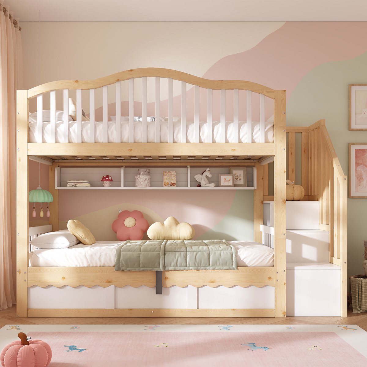VVBV Stapelbed 90x200 – Houten Stapelbed met Legplanken, Ladder, Trap en Uitvalbeveiliging – Houtlook – Voor Kinderen en Tieners – Eiken + Wit