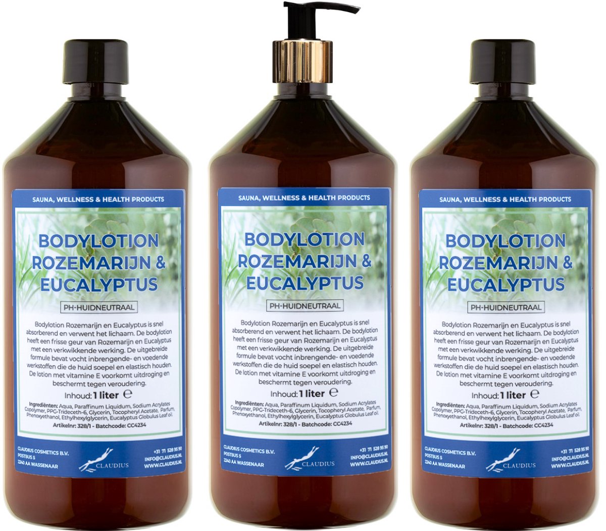 Bodylotion Rozemarijn & Eucalyptus 1 Liter - met gouden pomp - set van 3 stuks