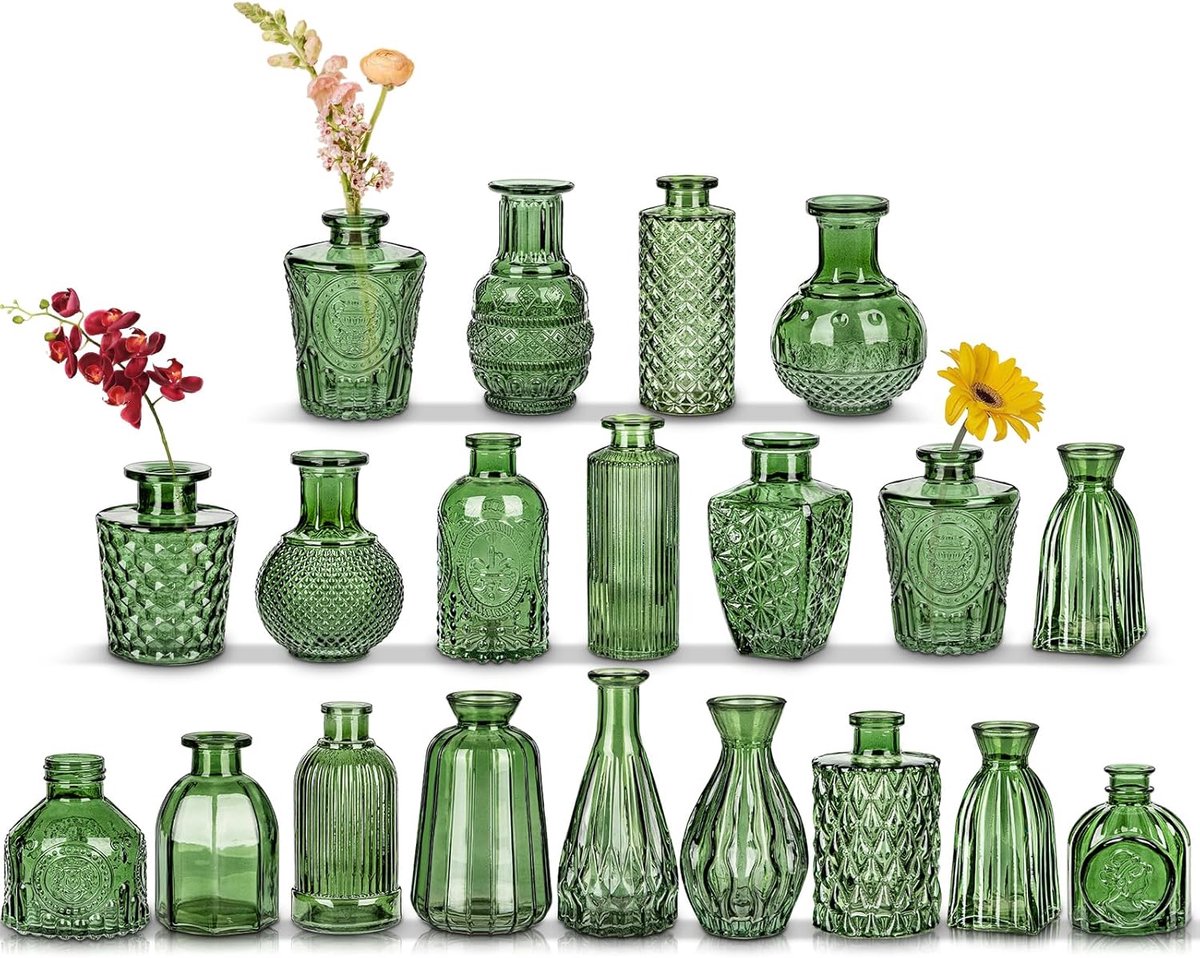 Oairse Glass bud vases, set of 20 green glass vases for flowers, mini vintage bottle vases for floral arrangements - ShopVlot