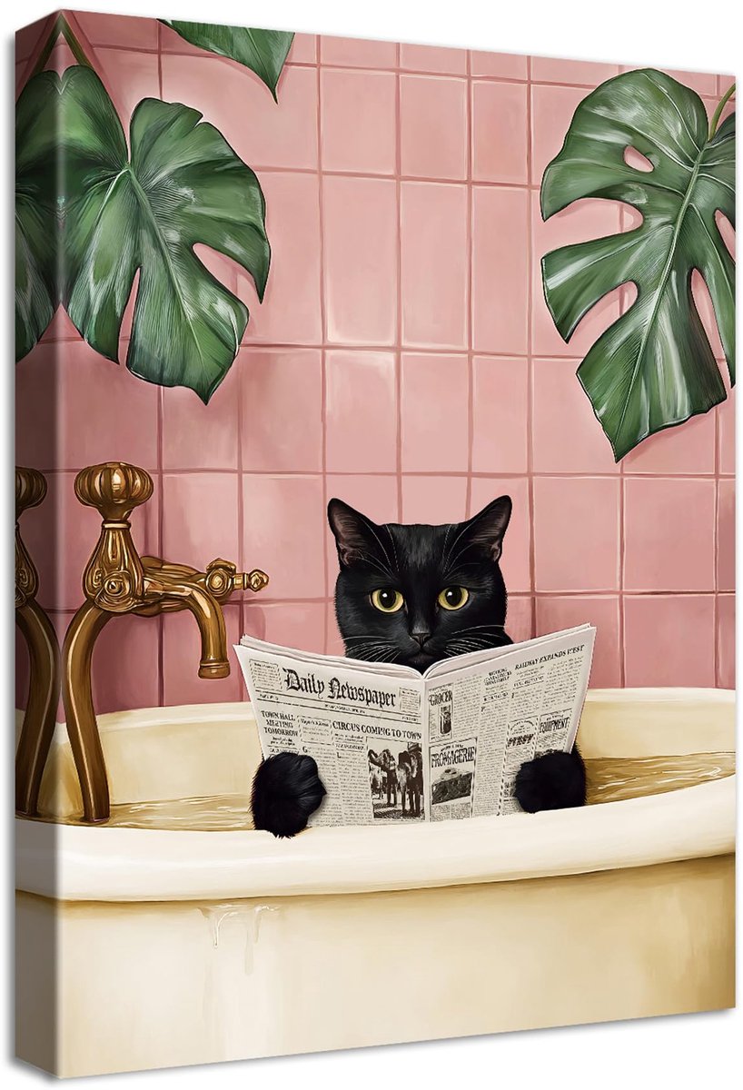 HALFLEMART Zwarte kat, grappig, houten frame, moderne foto, roze, groen, planten, kittens, badkuip, badkamer - ShopVlot