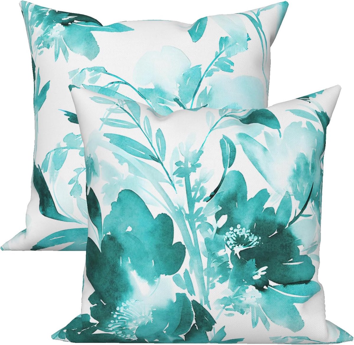 Kussenhoes voor lente, 40 x 40 cm, set van 2 stuks, aquarel, abstract, turquoise, bloemen, bladeren, planten, patroon - ShopVlot