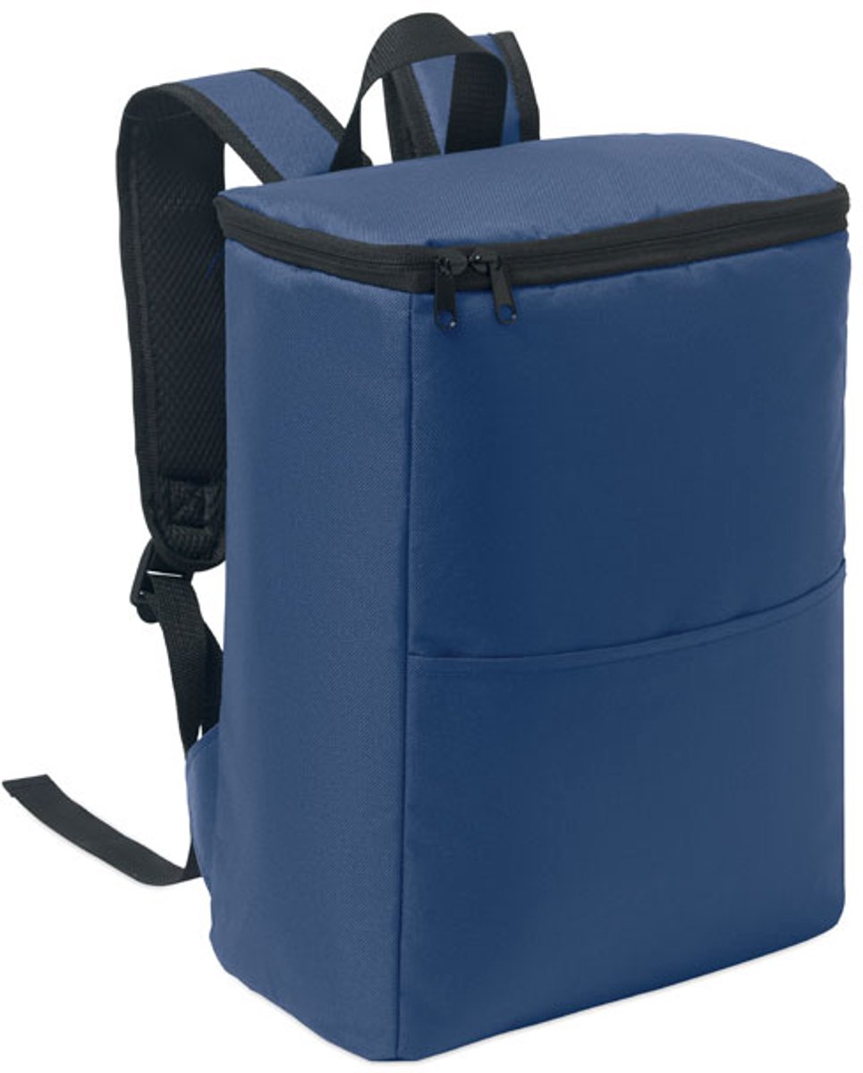 Koelrugzak van 600D RPET polyester met gevoerde, verstelbare schouderbanden, 1 ritsvak van mesh aan de zijkant en 1 voorvak. PEVA-voering met 13 mm PE-schuimisolatie. Inhoud 11 liter. kleur blauw