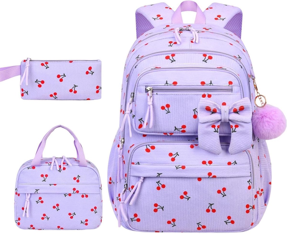 Schooltas voor meisjes - 3-delig - Rugzak Meisje - Schoolrugzak - lichtgewicht schooltas - Waterdichte rugzak - Rugzakken met grote capaciteit voor Meisjes - Tieners - voor Reizen, School, Woon - Paars