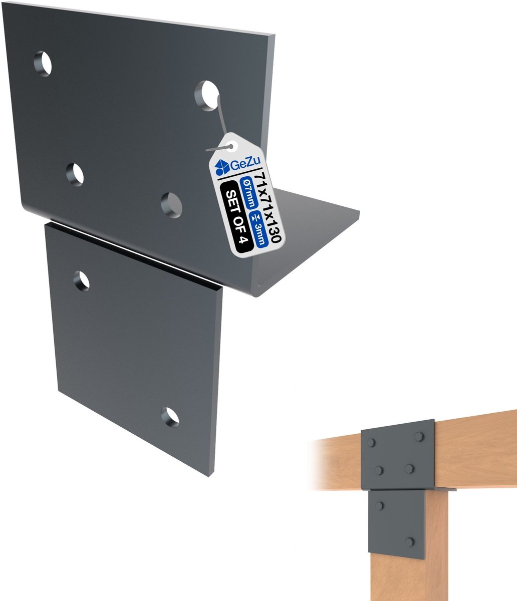 GeZu Impex Houtverbinding T Stuk 71x71mm Set van 4 Antraciet Poedergecoat T-Verbindingsbeugel Muur- & Paalverbinder voor Houten Constructies