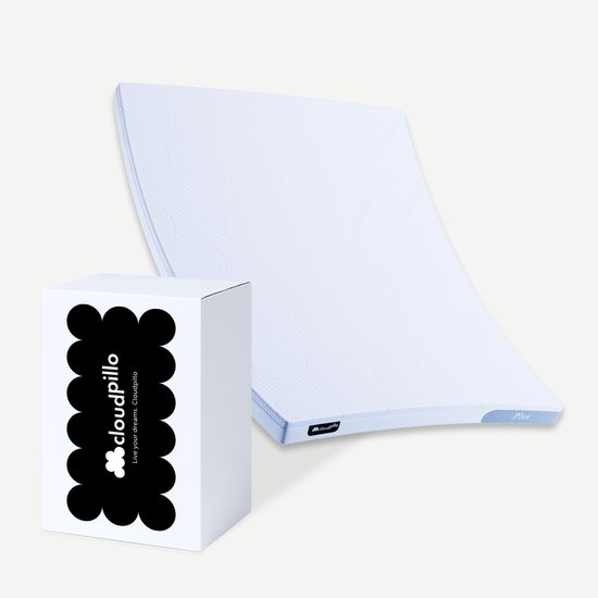 Surmatelas Cloudpillo blanc avec motif cousu et emballage Cloudpillo.