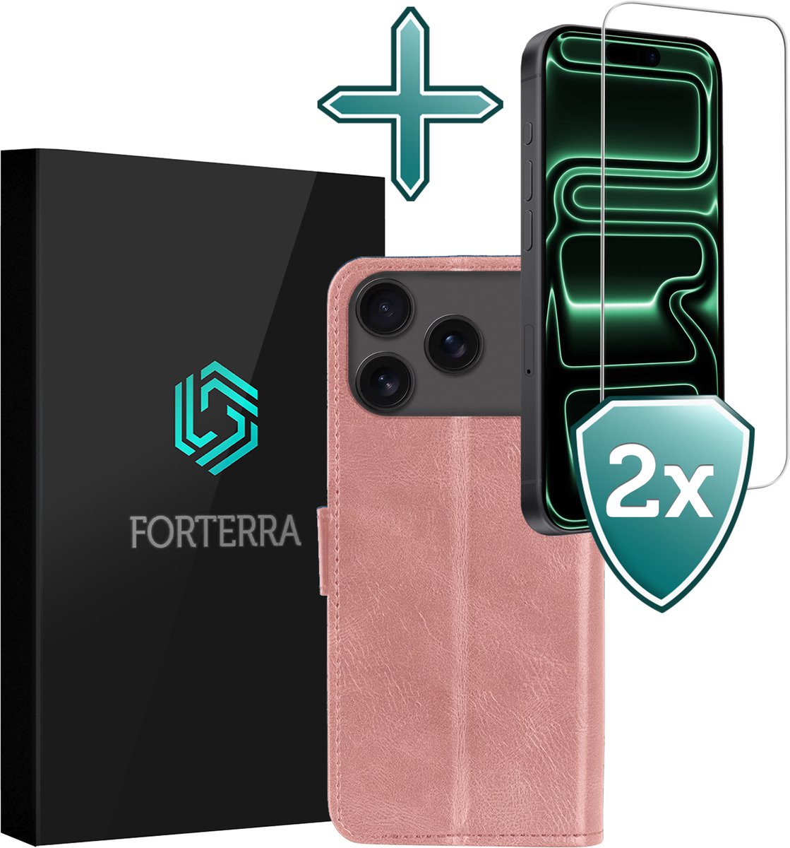 Hoesje Met 2x Screenprotector - Geschikt voor Apple iPhone 18 Pro Max - Luxe Pasjeshouder - Flip Case - Bookcase Portemonee - Kunstleer Book Case - Flipcase Hoes - Book Cover - Walletcase - Portemonneehoes - Rosé goud
