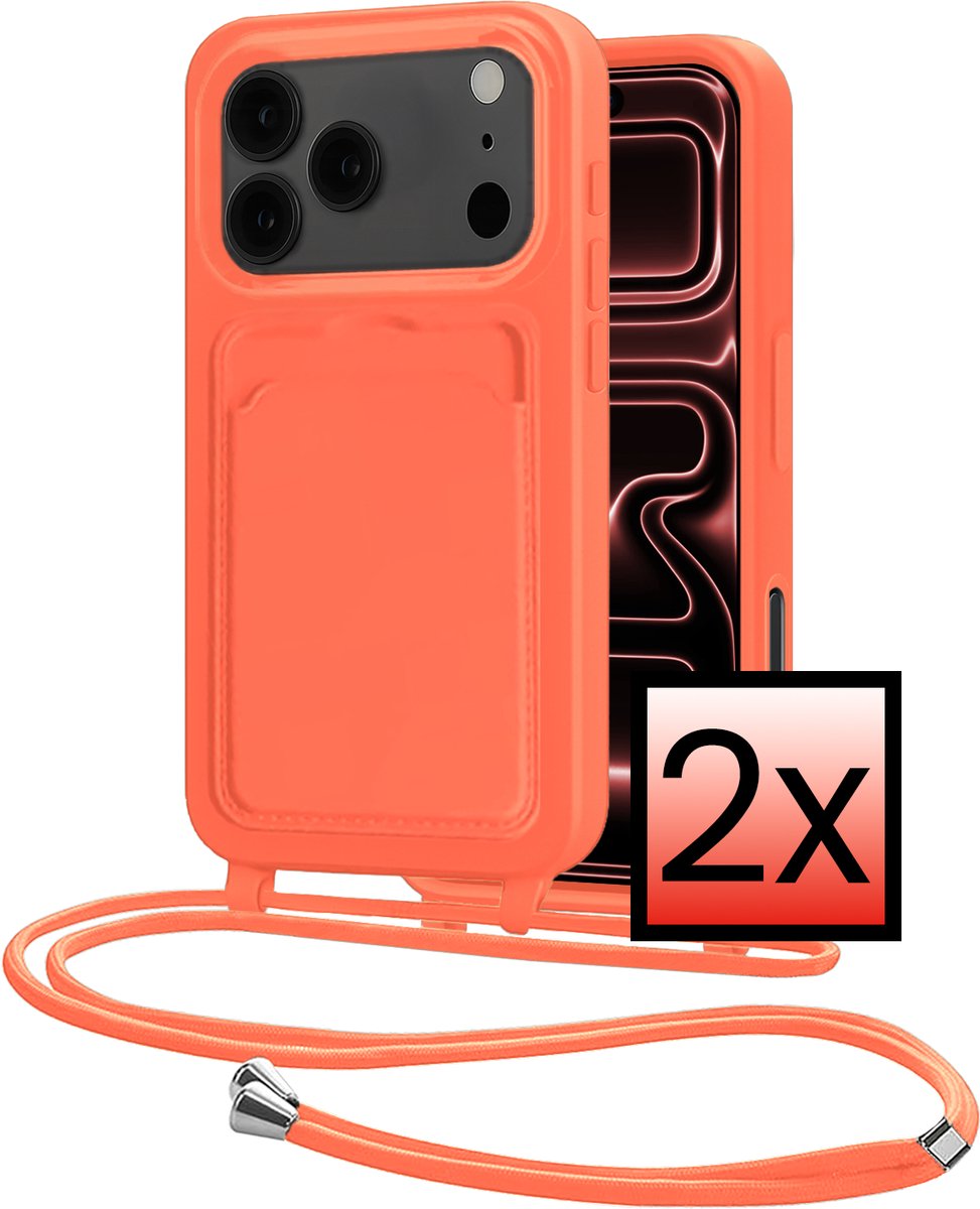 Hoes Geschikt voor iPhone 18 Pro Max Met Telefoonkoord - Siliconen Hoesje Backcover Met Ketting - Papaya - 2 PACK