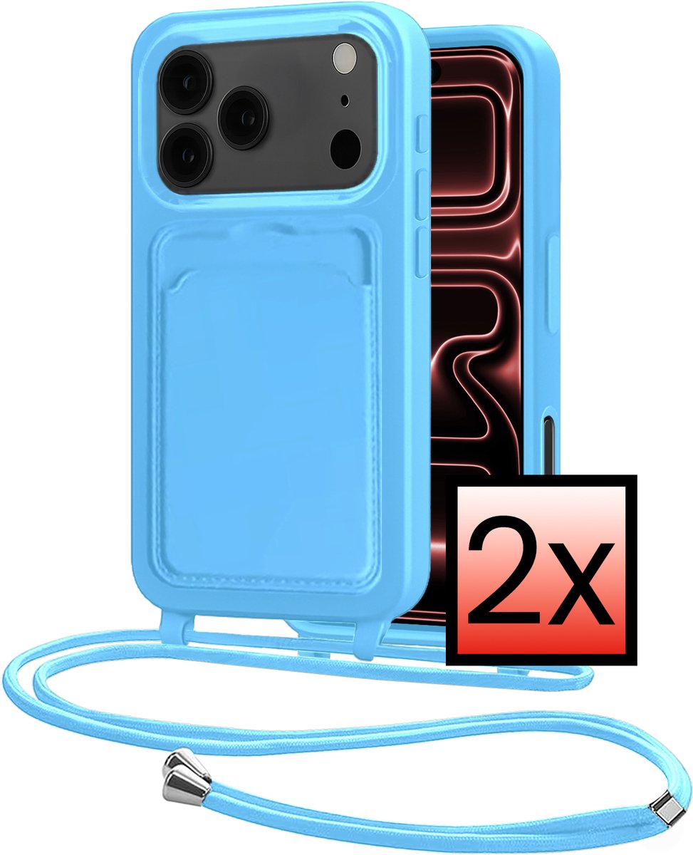 Hoes Geschikt voor iPhone 18 Pro Max Met Telefoonkoord - Siliconen Hoesje Backcover Met Ketting - Lichtblauw - 2 PACK