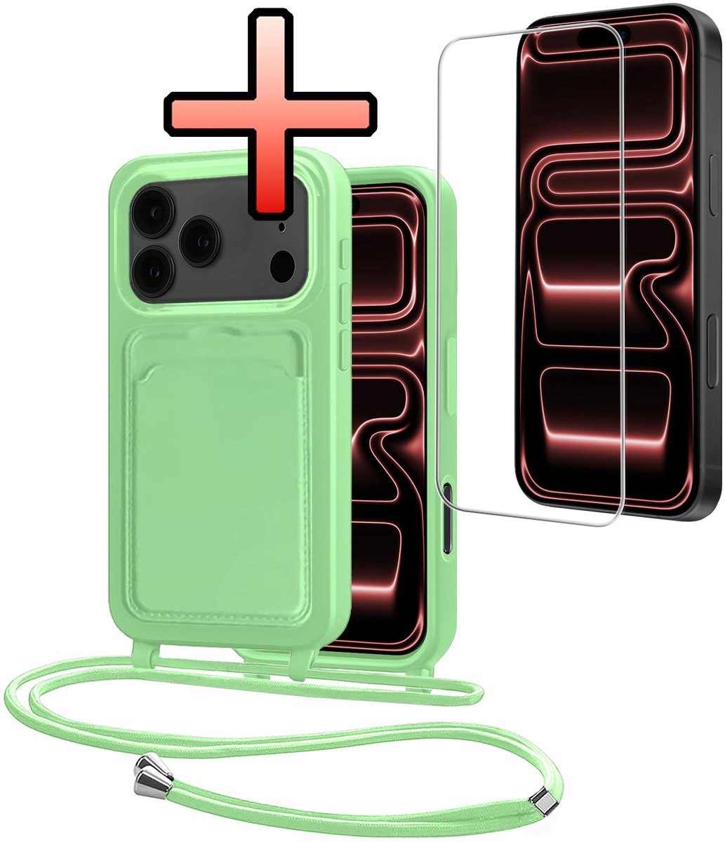Hoes Geschikt voor iPhone 18 Pro Met Telefoonkoord Met Screenprotector - Siliconen Hoesje Backcover Met Ketting - Groen