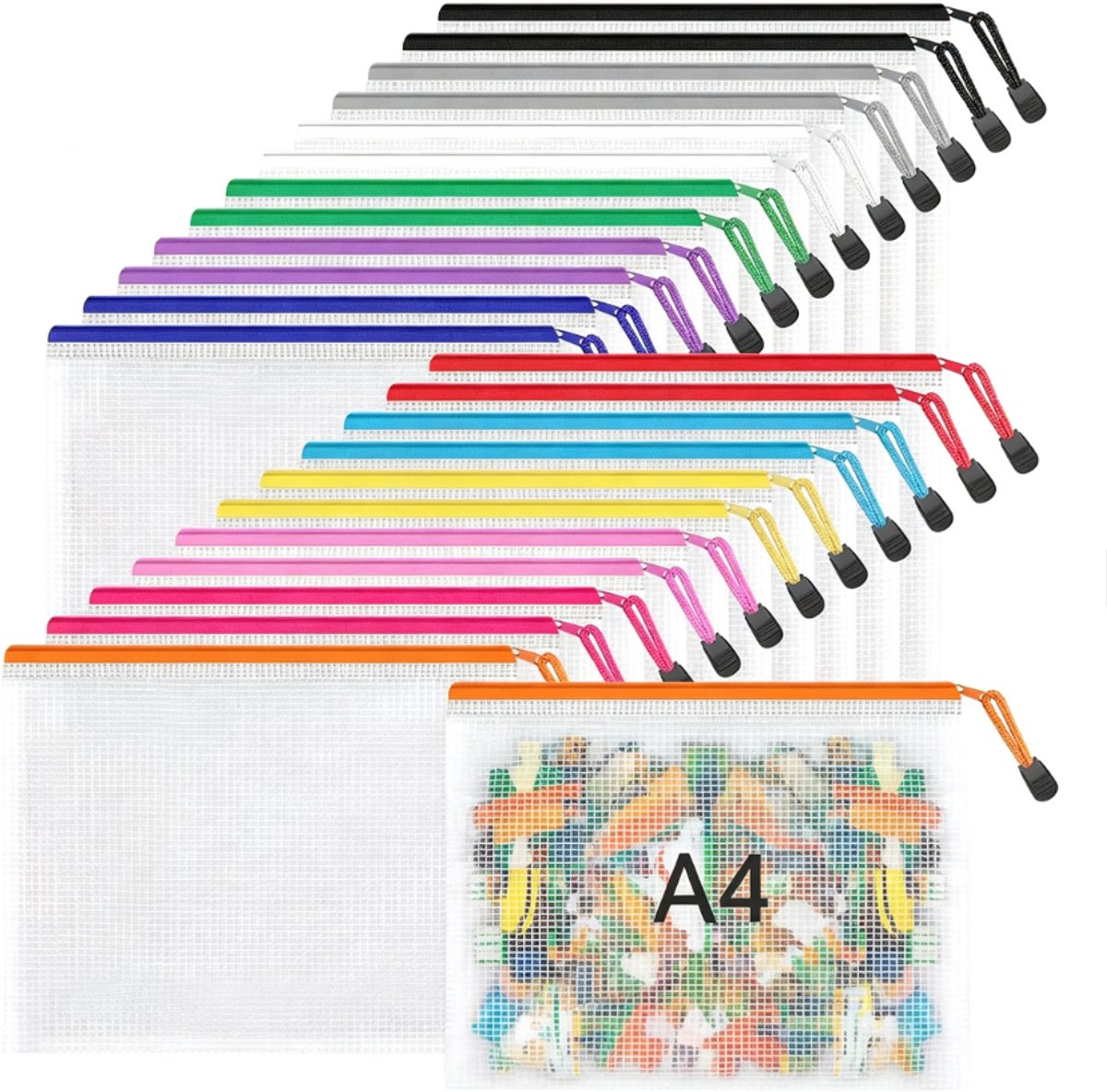 24 Stuks Waterdichte A4 Ritssluitingstassen, 34x24cm - Plastic Documentenhoezen met Rits, Stevige & Herbruikbare Opbergzakken, Voor School, Kantoor & Thuis, Transparant met 12 Verschillende Kleuren