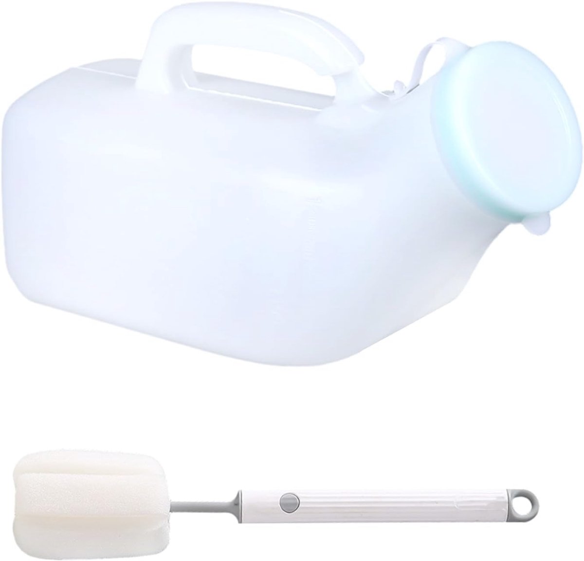 QUOVO® Plasfles Mannen - Urinefles - Urinaal - 1 liter inhoud – Afsluitbaar - Makkelijk Mee Te Nemen – Inclusief Bekerborstel - Wit - 20cm x 15cm x 1cm