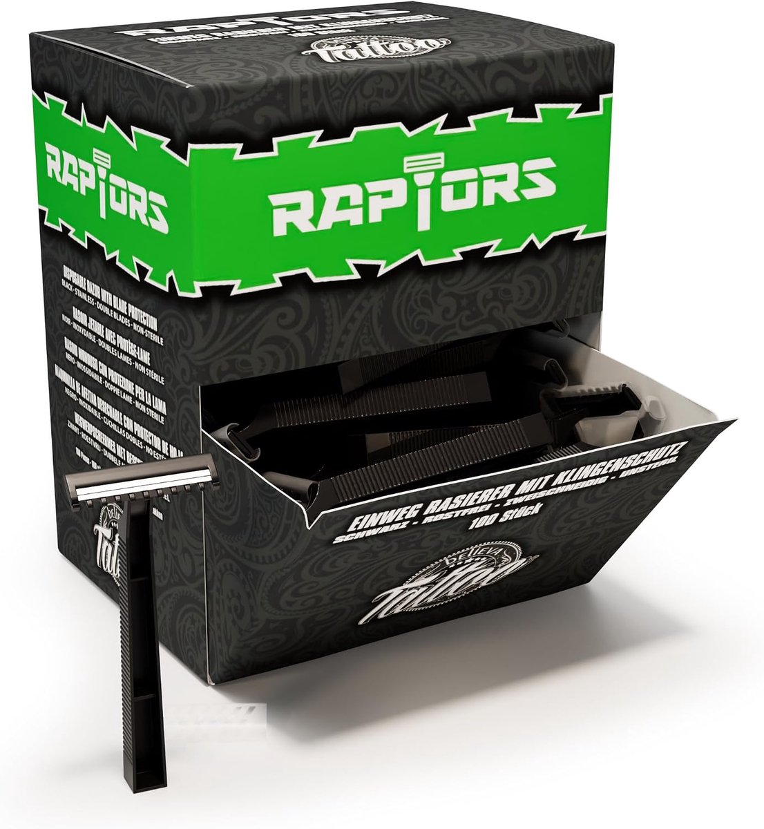 Believa Tattoo Raptors disposable shaver - 100 pieces - black - double edged - disposable shaver for studio & care - ShopVlot