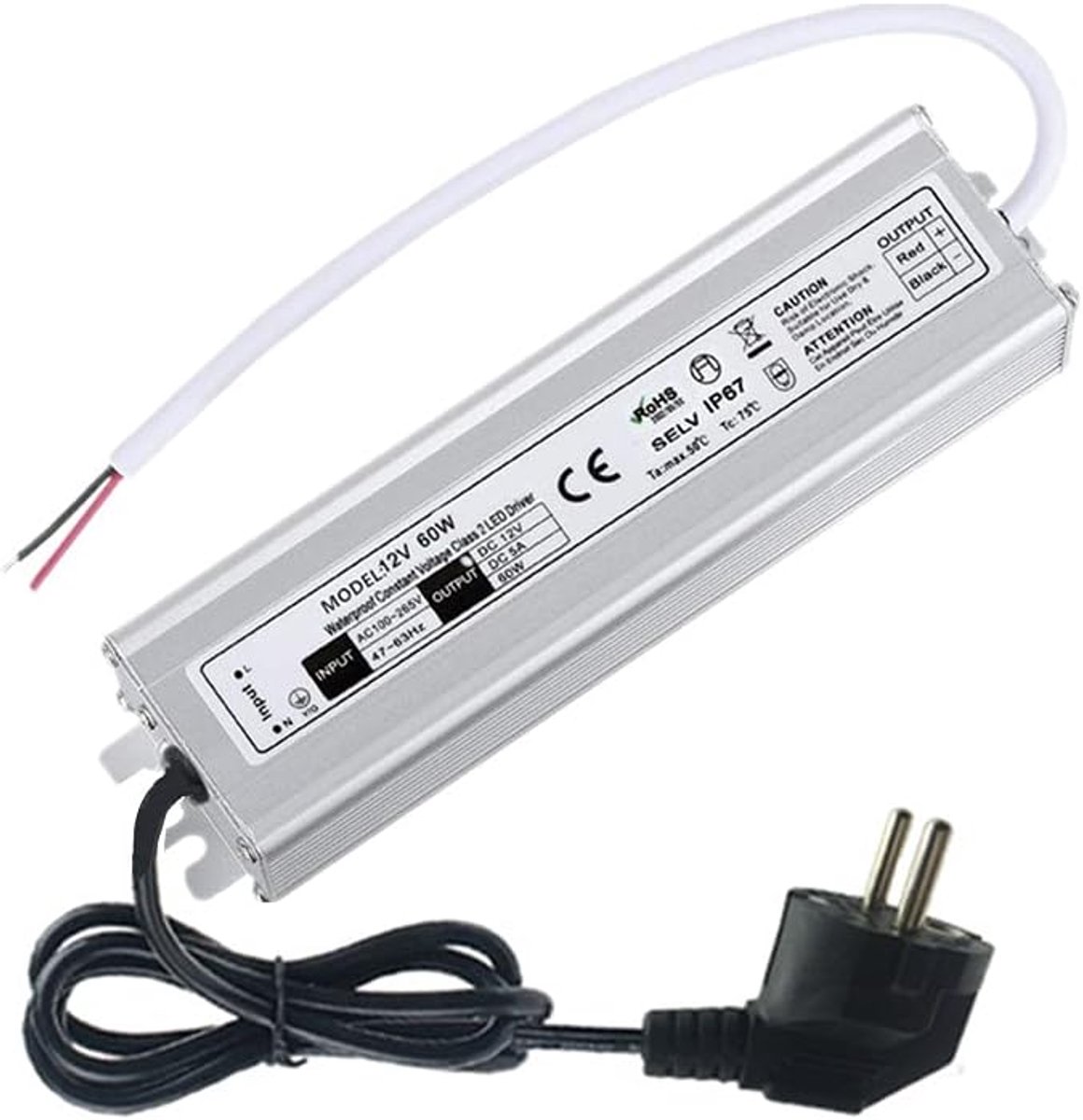 Youngine 60W Waterproof IP67 LED Power Driver Transformer, 100V-265V AC to 12V DC Low Voltage Output with Plug for LED - ShopVlot