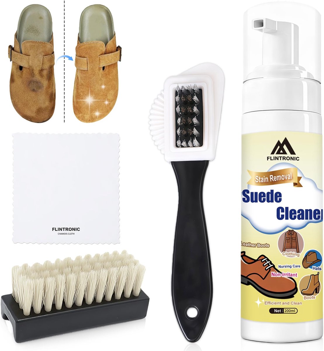 flintronic Kit voor het Reinigen van Suède en Nubuck, met Borstel en Doek, voor Suède, Nubuck, Laarzen, Schoenen - ShopVlot