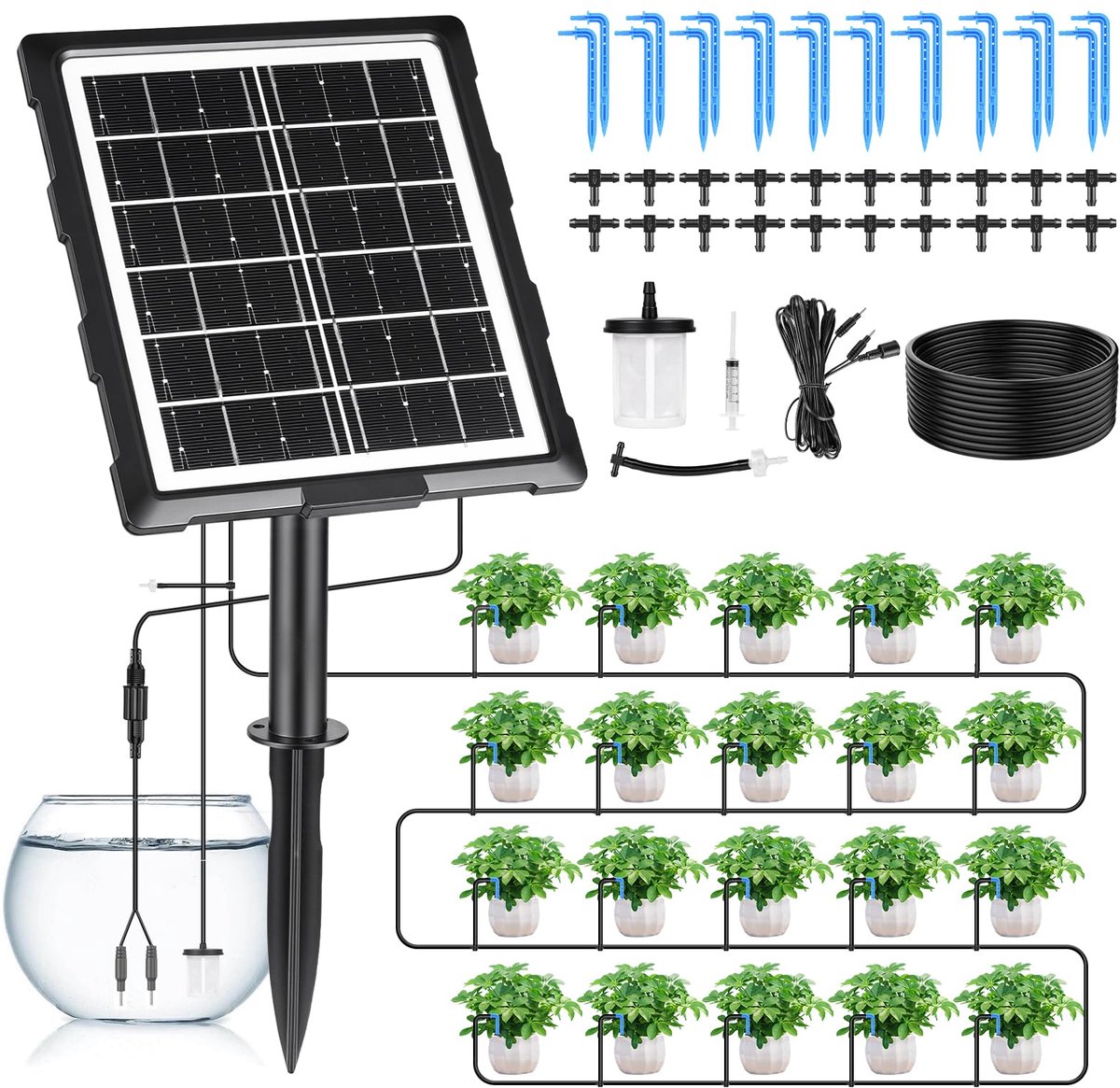 Bewateringssysteem op zonne-energie, automatisch bewateringssysteem voor 20 potplanten, met timer, 20 m slang en 20 - ShopVlot