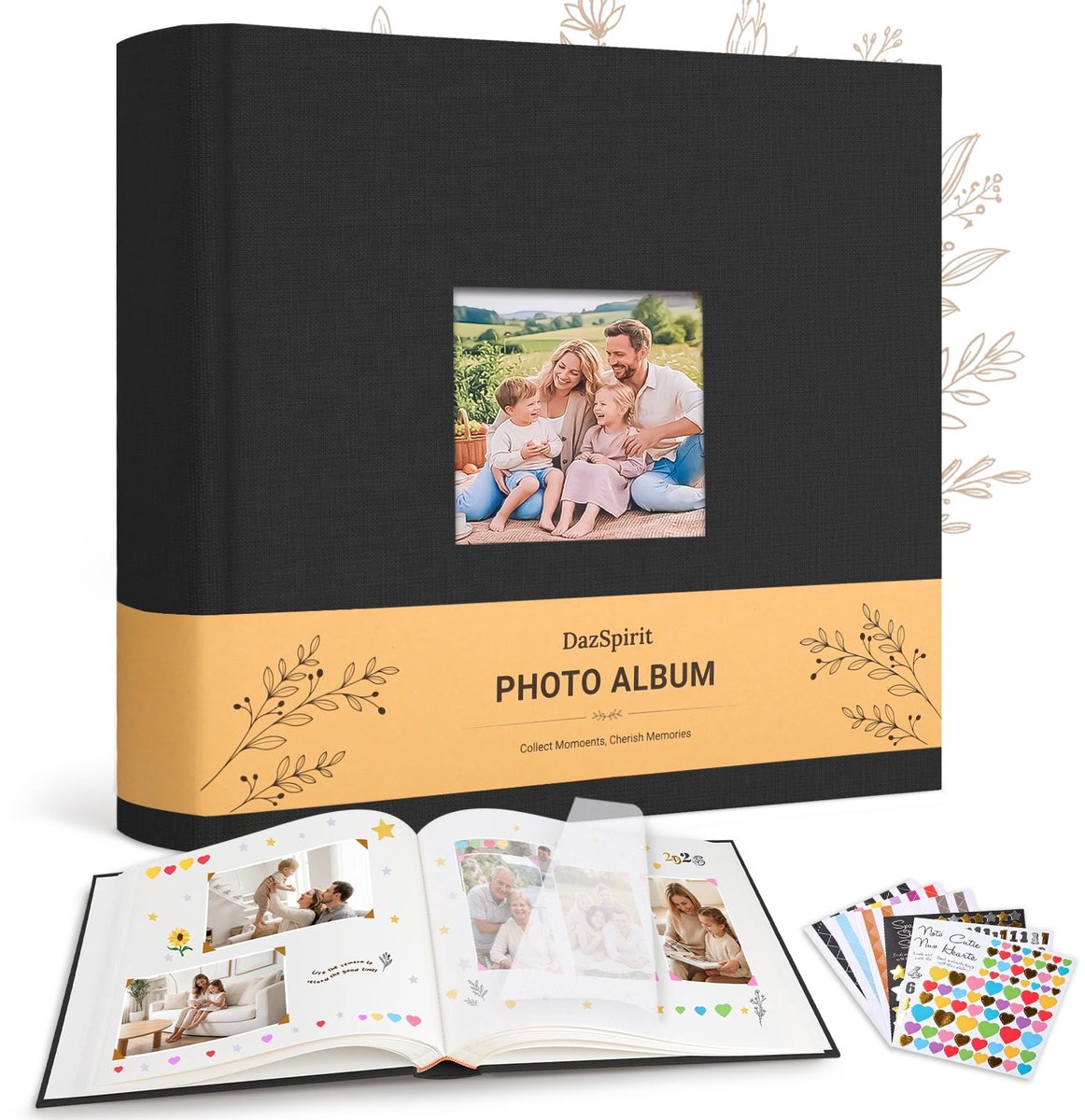 DazSpirit Fotoalbum om Zelf te Ontwerpen, XXL Linnen Plakalbum met 100 Witte Pagina’s en 6 Stickervellen, Scrapbook - ShopVlot