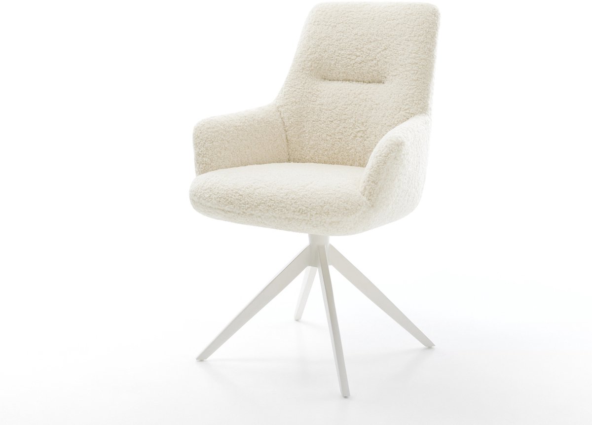 Eetkamerstoel Zelia-Flex met armleuning kruisframe breed wit teddy beige 360° draaibaar rocker-functie pocketveer kern