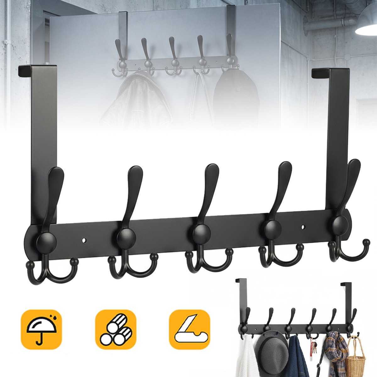 Deurhanger Organizer Van Roestvrij Staal - 40x23 cm Uit één Stuk Metaal Draagt ​​15 kg - Voor Handdoeken Jassen En Accessoires - Voor Gebruik in Studentenkamers En Thuis - Zwart