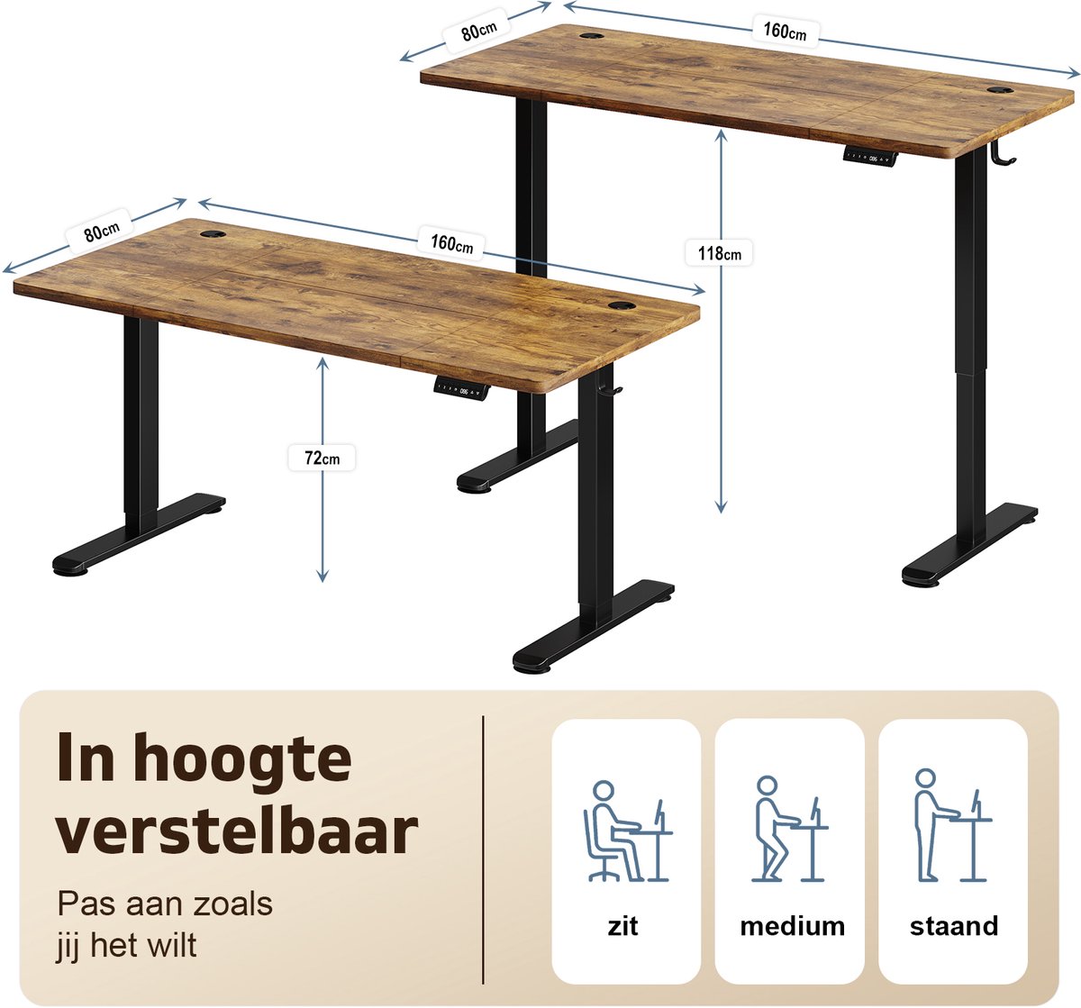 Devoko Elektrisch Zit-Sta Bureau 160x80 cm – 18 mm Dik Tafelblad – 3 Geheugenstanden – USB en Zit-alarm – Kabelmanagement – Zwart frame met donker houtlook blad thumbnail 3