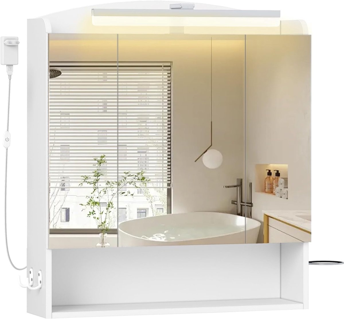 Hzuaneri Spiegelkast met verlichting, Wandkast met Spiegel, Föhnhouder en Haakjes, Schakelaar en Stekker Inbegrepen, Verstelbare Platen, Wit, 16,5 x 70 x 80 cm