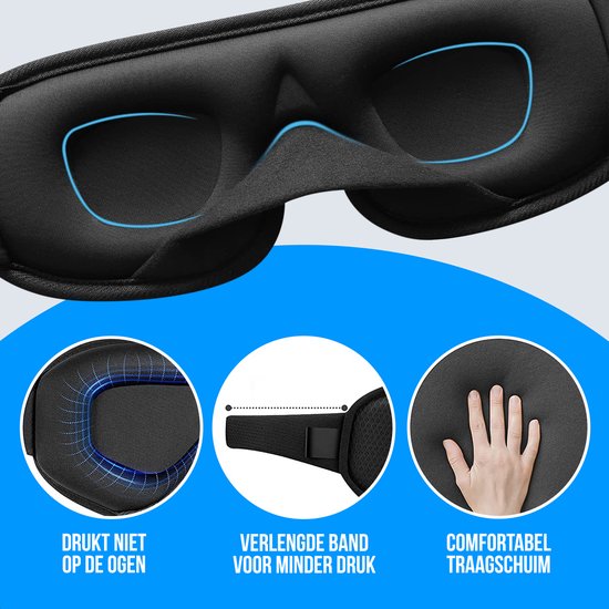 Zwart 3D slaapmasker van traagschuim met blauwe accenten. Verstelbare band voor minder druk.