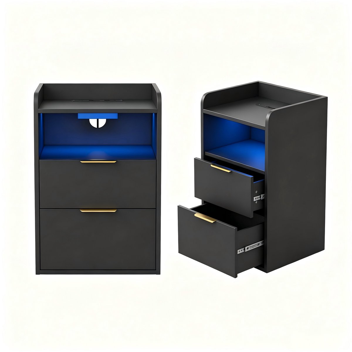 Nachtkastje - 1 pcs - Met Stopcontact en USB-poorten - LED Verlichting - Lade en Open Vak - Zwart -40x40x60 cm