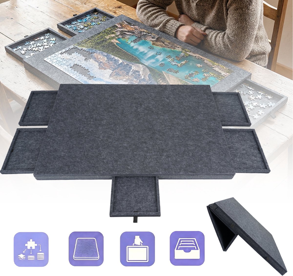 Puzzelbord Van 1000 Stukjes Met 6 Sorteerbakjes En Standaard/Hoes - Antislip Viltoppervlak Lichtgewicht 2,8 kg Overal Mee Naartoe Te Nemen En Te Beschermen - Grijs