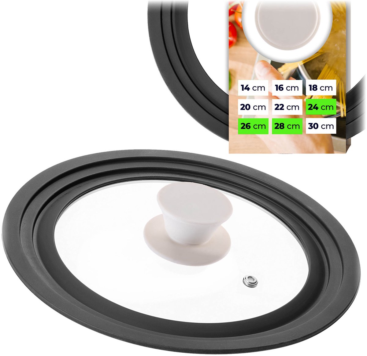 KADAX universele deksel 24/26/28 cm, universele deksel voor potten en pannen, pannendeksel, glazen deksel met siliconenrand en stoomopening, potdeksel (beige)