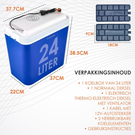 Elektrische Koelbox 24 Liter - Koelbox Elektrisch 12V - Auto Koelbox - Camping Koelbox - Frigobox Coolbox - Met 2 Deksels en 2 Koelelementen - Voor Auto, Camper, Caravan, Strand, Picknick en Vakantie - Blauw van Discountershop — afbeelding 2