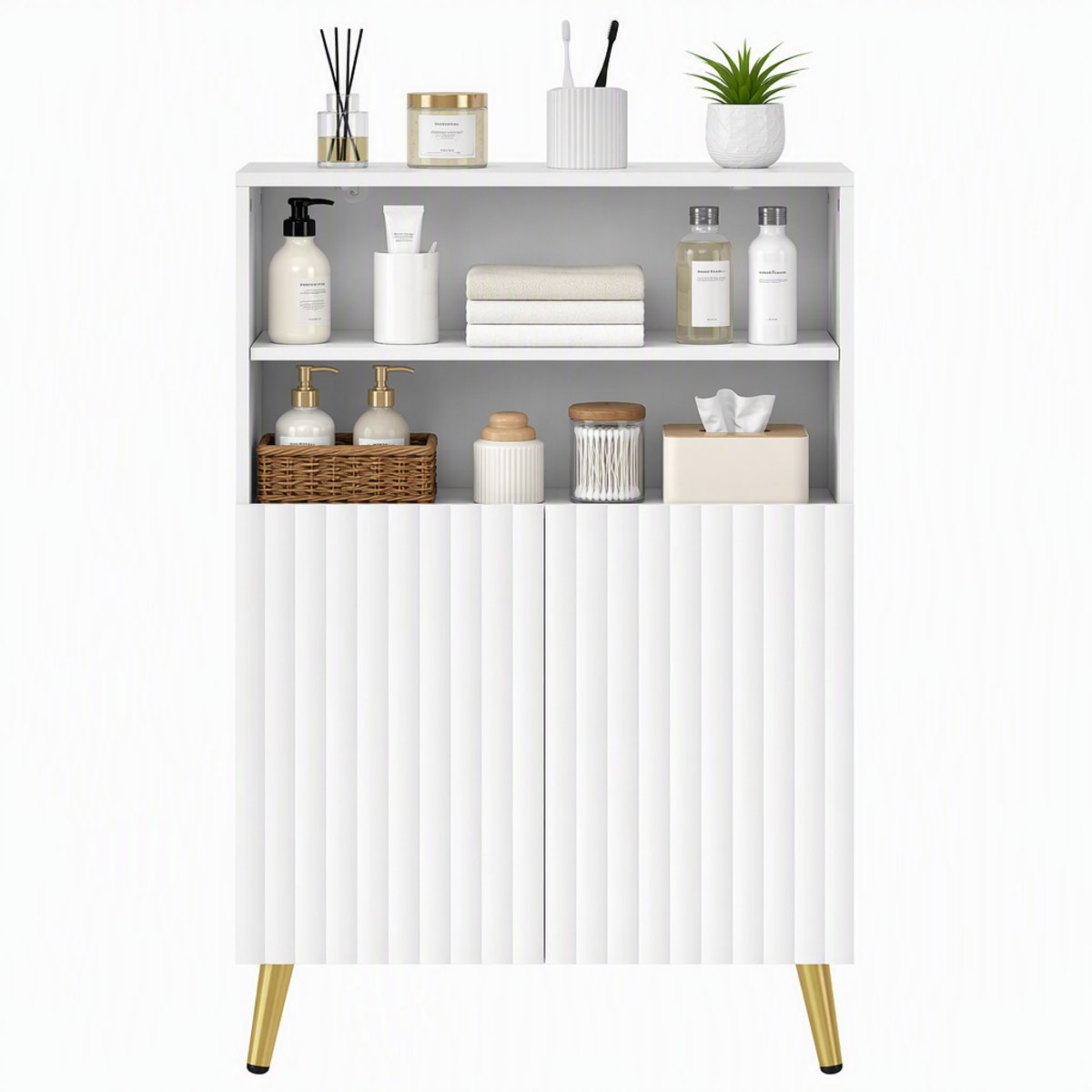TEKROA® Badkamerkasten - Moderne badkamerkast - met 2 open planken en kast met soft-close deuren - 60x31,8x93 cm - voor badkamer, wasruimte en hal