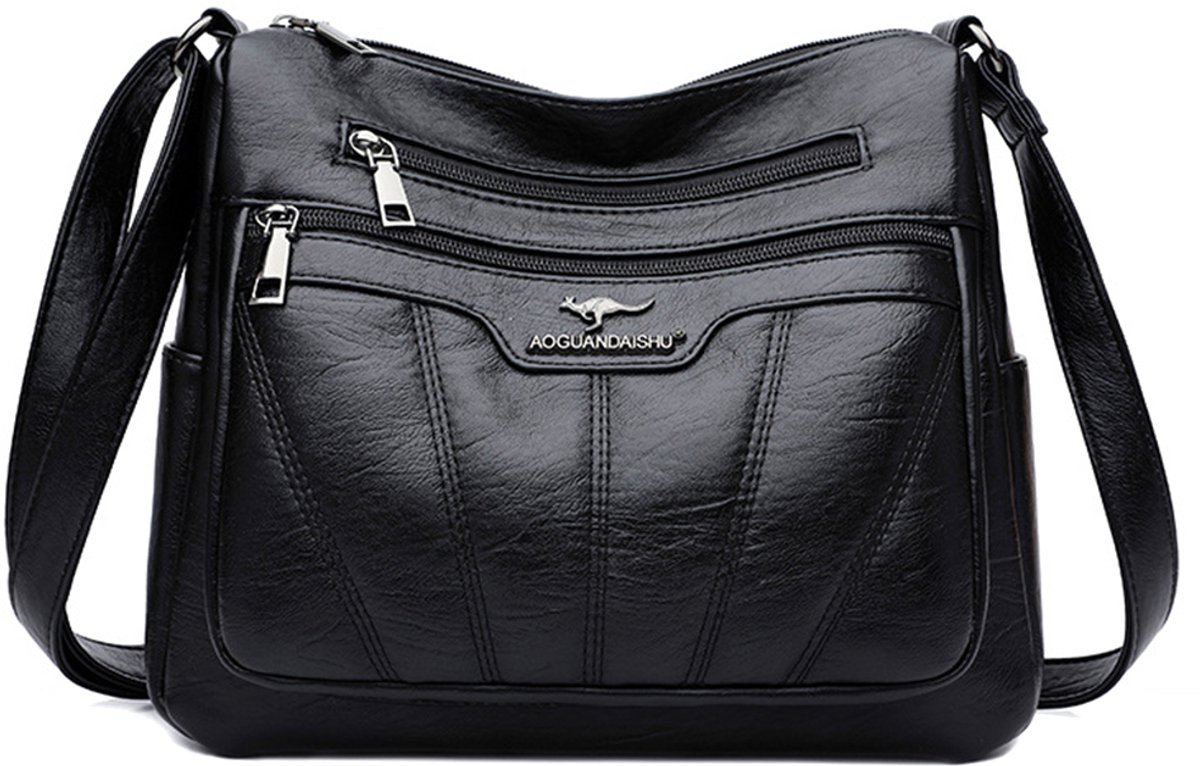 Zwarte leren dames schoudertas, 27 x 23 x 11 cm, met meerdere vakken
