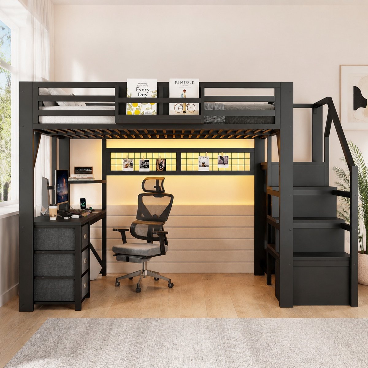 DESMIU Hoogslaper 140x200 cm Zonder Matras – Met Bureau en 3 Lades – Opbergruimte en Kledingkast – Voor Kinderkamer of Werkhoek – Metaal – Zwart