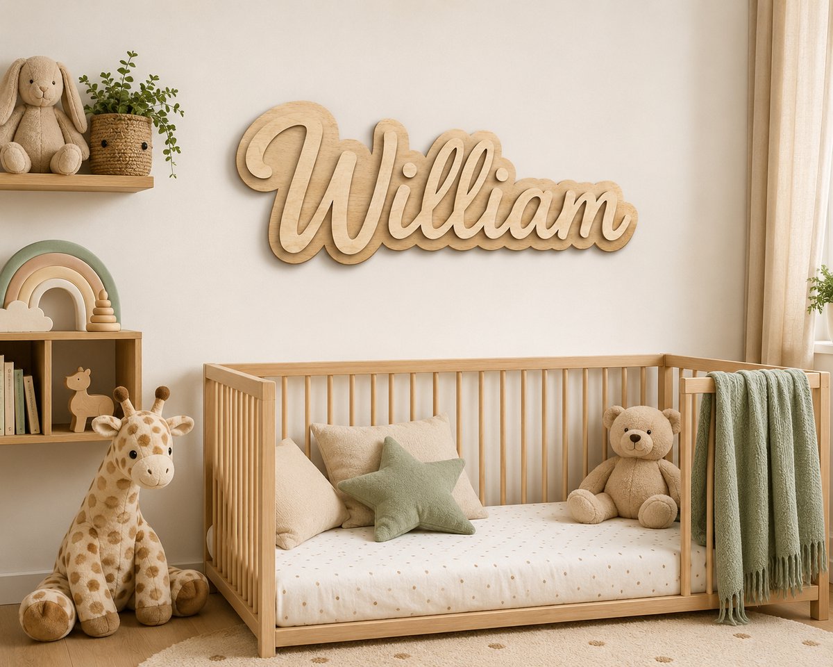 Gepersonaliseerde Houten Naam Wanddecoratie Kinderkamer – Houten Naamplaat met Naam – 3D Dubbele Laag – 5 mm Hout – Totale Dikte 10 mm – Kinderkamer Baby Kamer Jongenskamer Meisjeskamer – Naamdecoratie op Maat – 50 x 40 cm