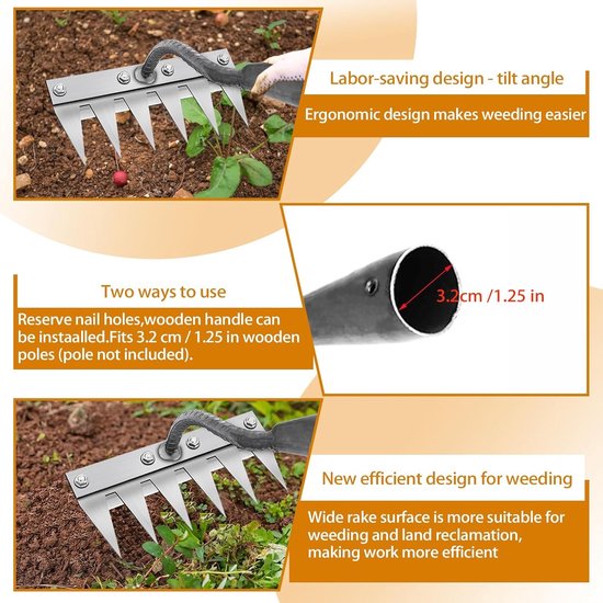 1 stuk Multifunctionele metalen onkruidhark 7 tanden tuinhark Draagbare tuinhark voor wieden/meubels/zaad wieden (zonder handvat) 7 tanden - zilver — afbeelding 3