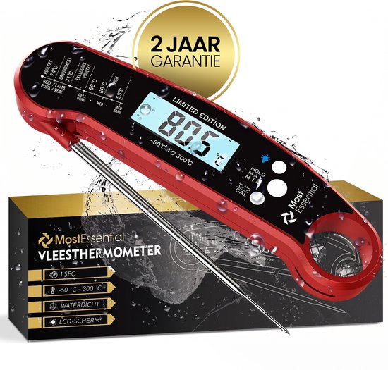 Rode MostEssential vleesthermometer met digitaal display, 'Limited Edition' en '2 Jaar Garantie'. Temperatuurbereik -50°C tot 300°C.
