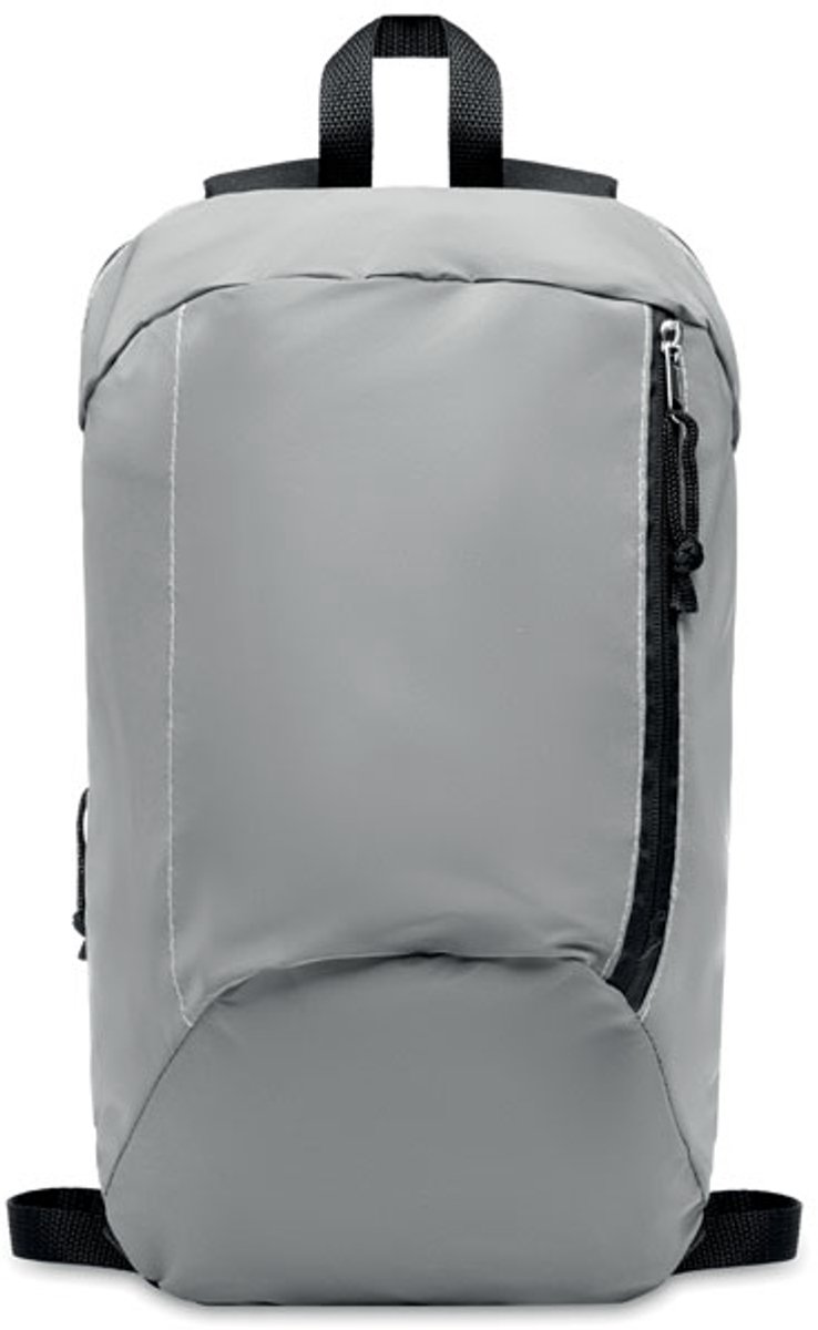 Rugzak van stevig 600D polyester met hoog reflecterend front voor extra zichtbaarheid, handig ritsvak en gewatteerde achterzijde voor extra draagcomfort.