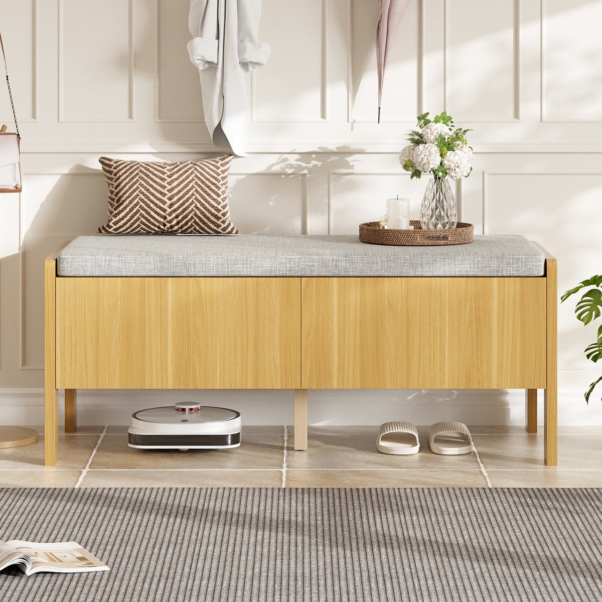 VVBV Schoenenkast 113x40x45.5 cm - Opbergruimte, 2 Lades - Naturel/Grijs, MDF
