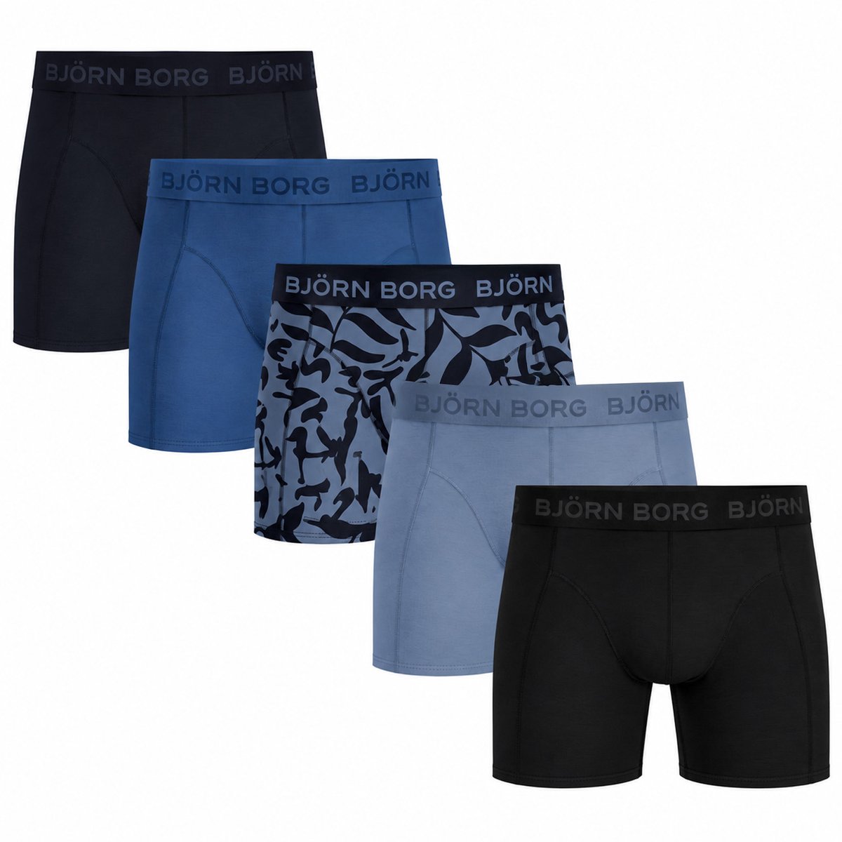 Björn Borg heren cotton stretch 5P boxers basic leafs blauw & zwart