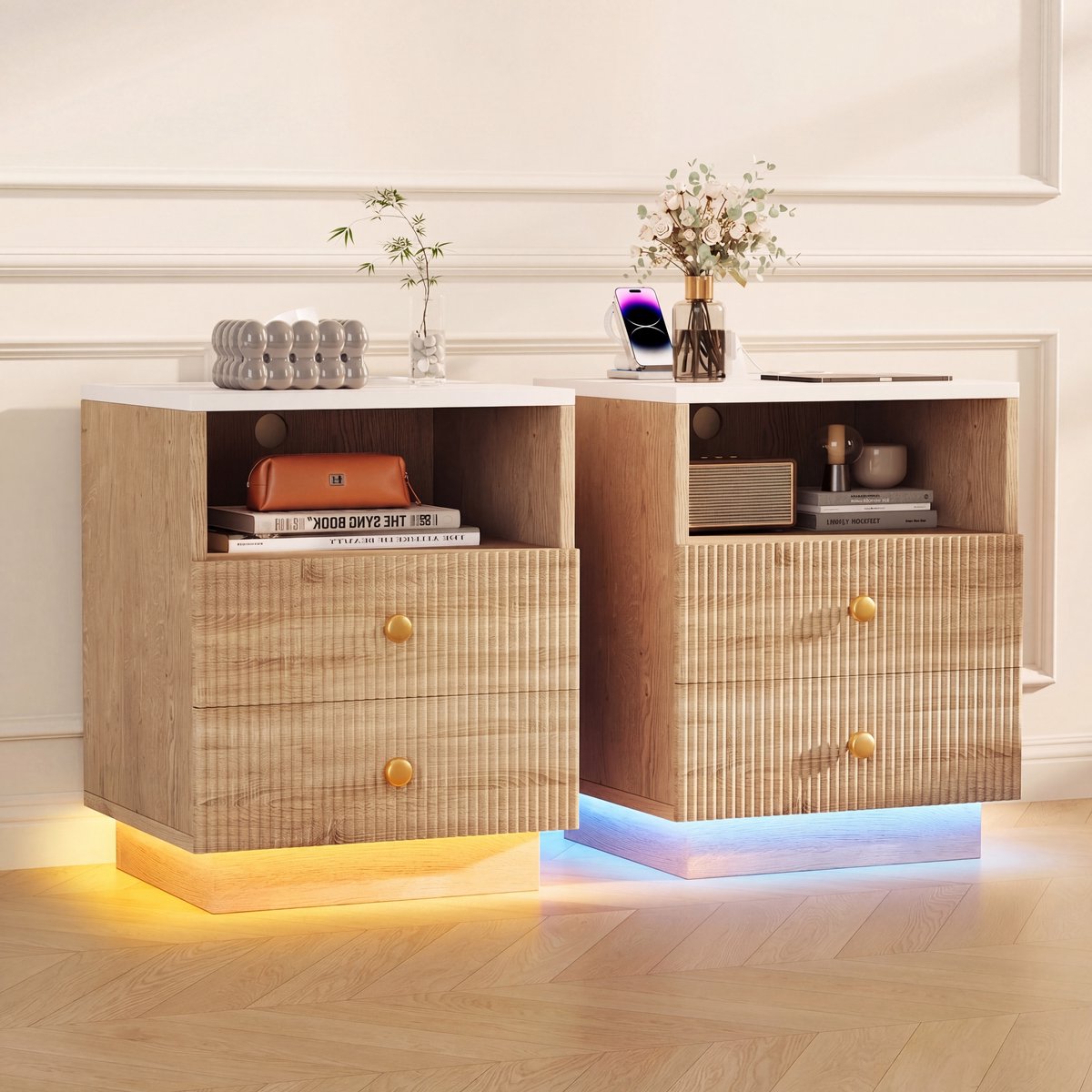 Nachtkastje set van 2, 44x38x55 cm, 7-kleuren led, 2 lades en open opbergruimte, modern nachtkastje voor slaapkamer, houtlook