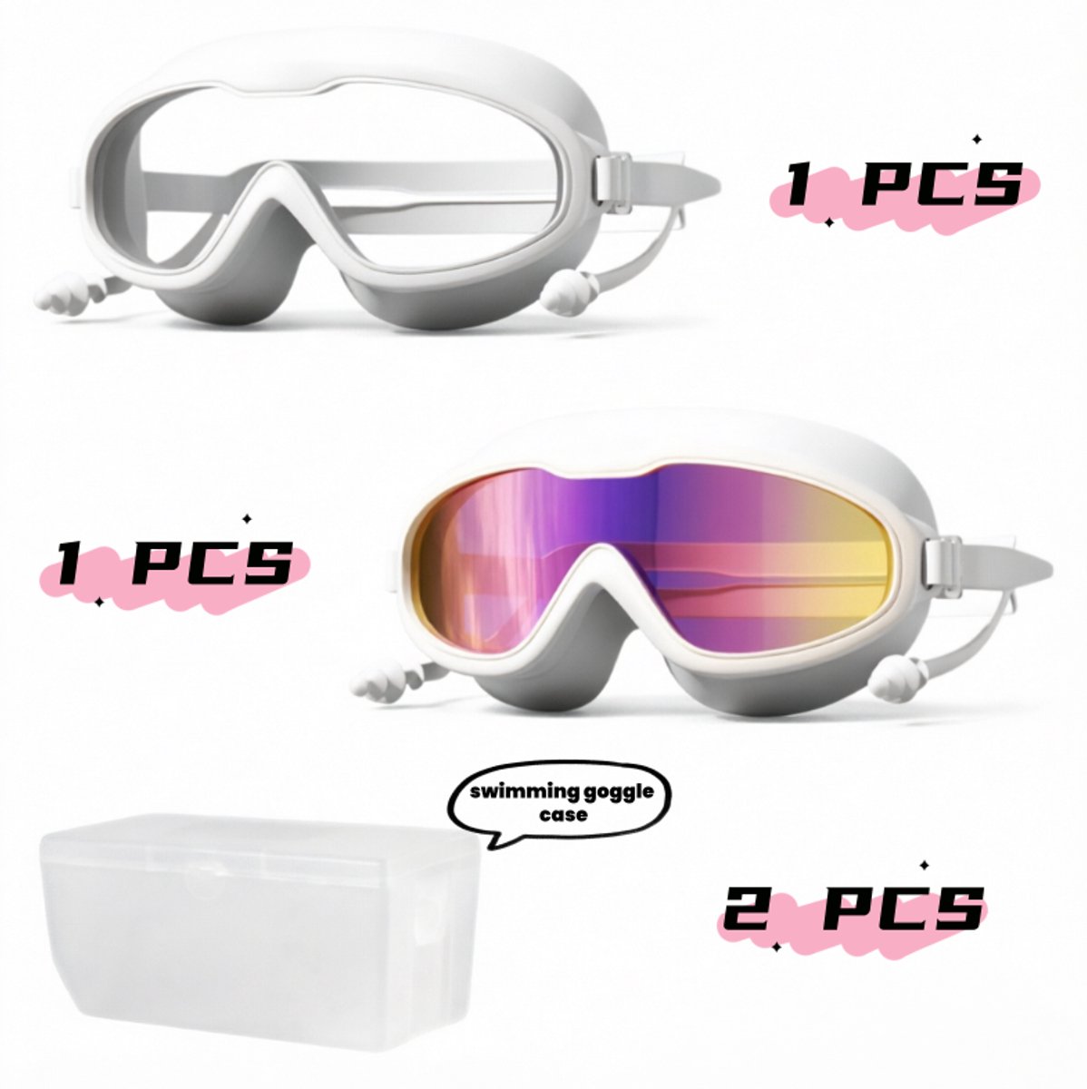 Namajunas - Zwembril - 2 stucks - Helder zicht, anti-aanslag - Zwembril met oordopjes - Breed gezichtsveld - Elastische band - Met opberg doosje - Set met 2 lenzen voor diverse omstandigheden - Zwem uitrusting - Unisex - Zwembril voor volwassenen