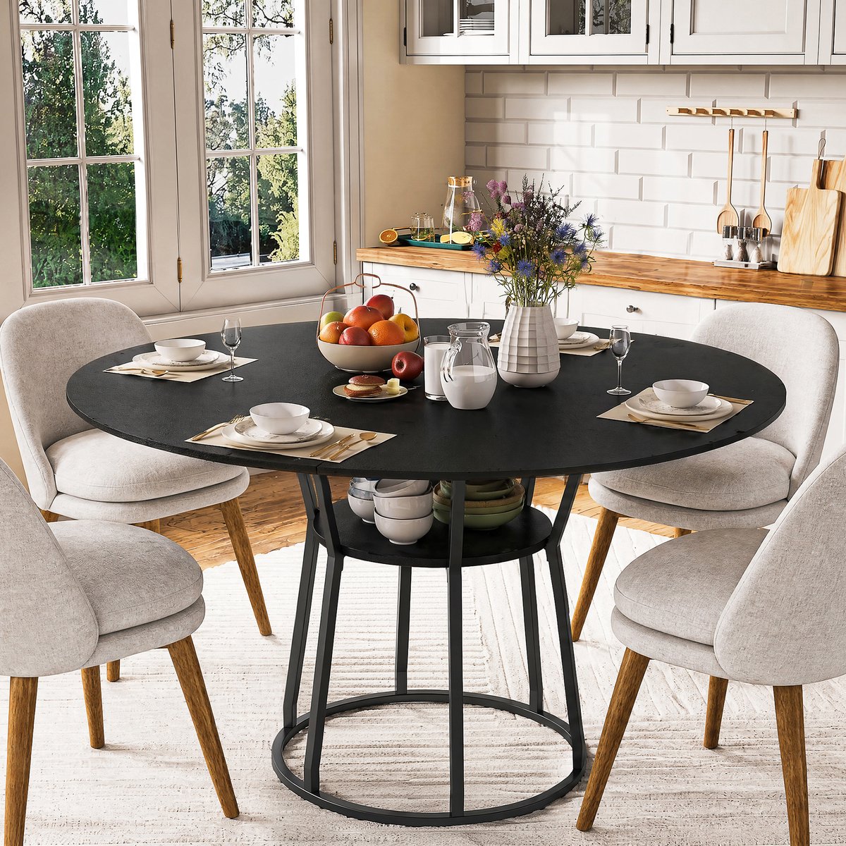 Eettafel - Ronde Tafel Voor 4-6 Personen - MDF Blad Met Metalen Poten - 120x120x75 Cm - Walnoot/Zwart