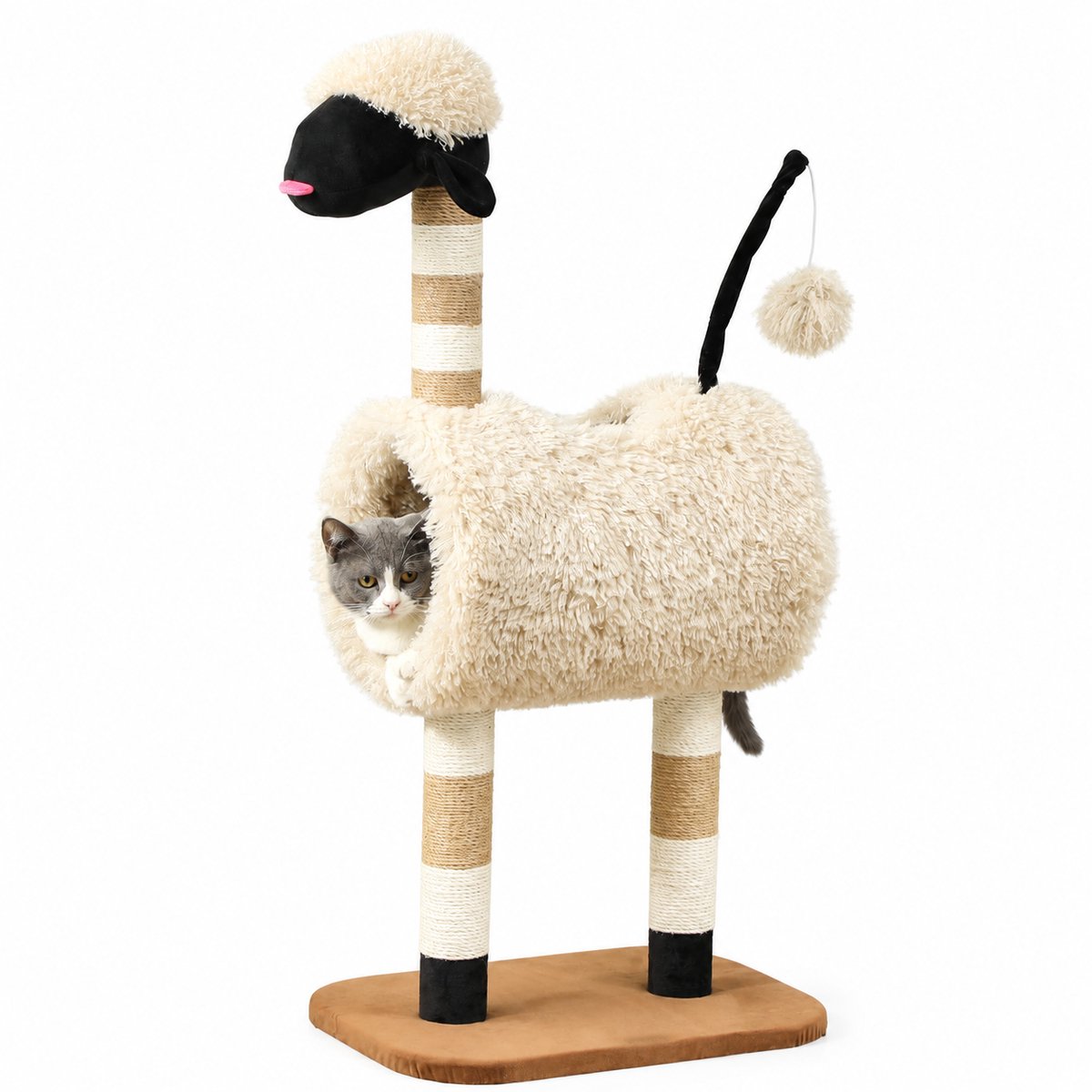 Sello! krabpaal – krabmeubel – vorm van schaap – tunnel – speelbal – jute – pluche – L48 × B34 × H98 cm – beige – bruin – zwart