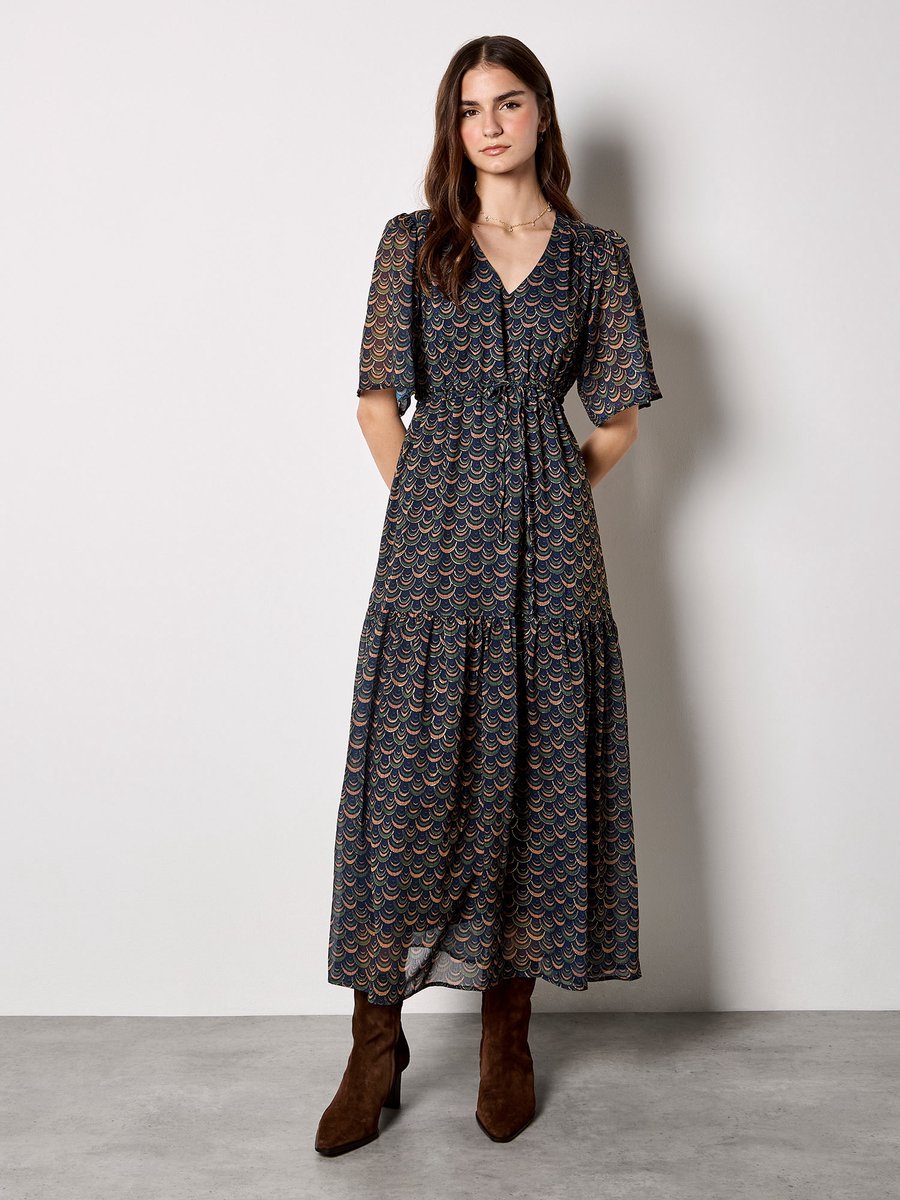 Maxi-jurk van chiffon met geschulpte rand en goudfolie