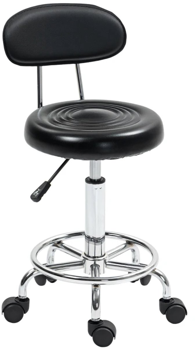 Zadelkruk op Wielen - Zadelstoel met Rugleuning & Voetensteun - Kapperskruk - Tabouret - In Hoogte Verstelbaar - 360° Draaibaar - Kruk Stoel - Draaikruk - Werkkruk - voor Kaptafels, Kantoor, Salon, Massage, Spa - Zwart