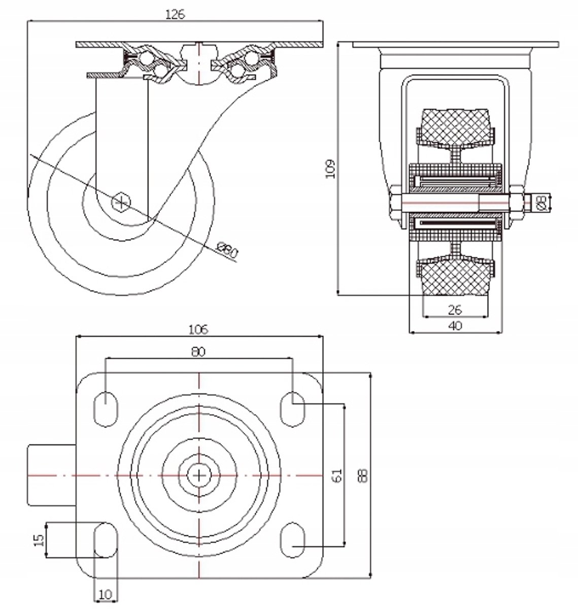 Zwenkbaar Rubber-Kunststof Wiel 80mm - 50kg Draagvermogen