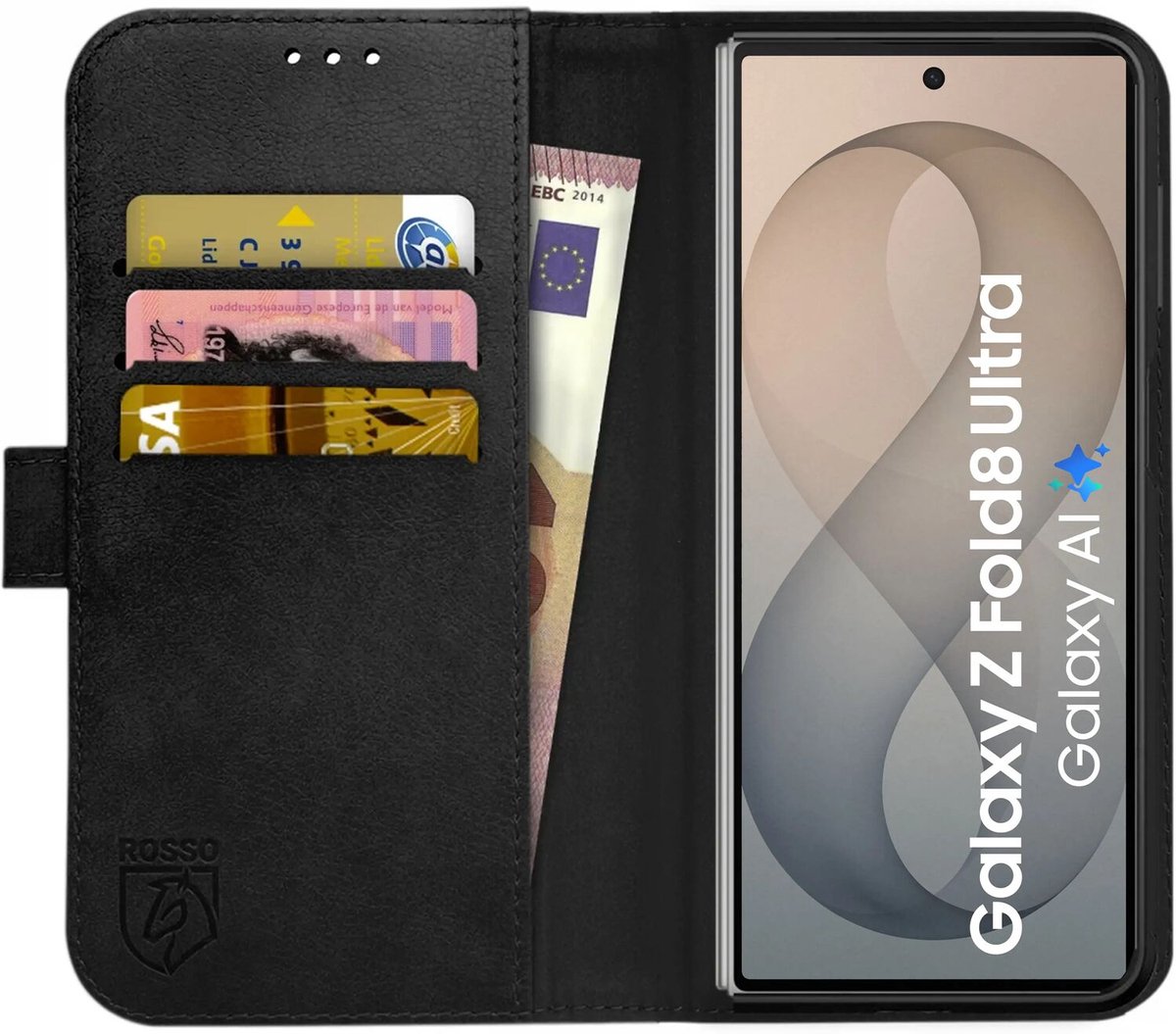 Rosso Element Geschikt voor Samsung Galaxy Fold 8 Ultra | Wallet Book Case | Portemonnee Hoesje | 4 Pasjes | Magneetsluiting | Stand Functie | Zwart
