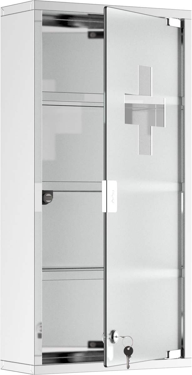 Medicijnkastje EHBO-kast 430L x 12l x 60H cm Deur van gehard glas Kruisvormig motief Mat roestvrij staal medicijnkast met 3 lagen en 4 niveaus