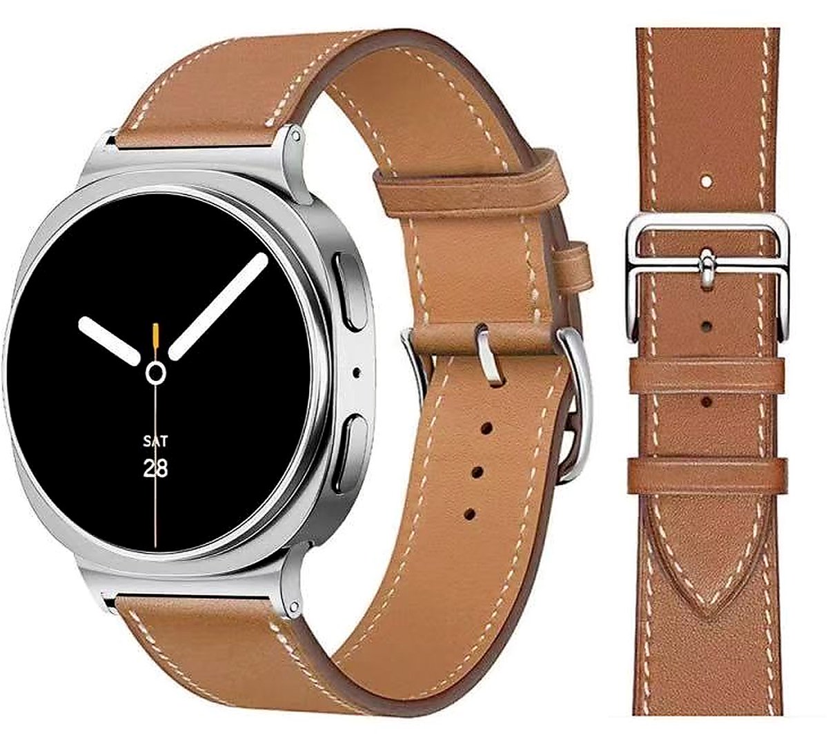Stravo Premium Slank Leren Bandje – Geschikt voor Samsung Galaxy Watch 9 (40/44mm) / Watch 8 (40/44mm) / 8 Classic (46mm) – Dun Leather Horlogebandje van Echt Leer met RVS Gesp – Leer – Bruin