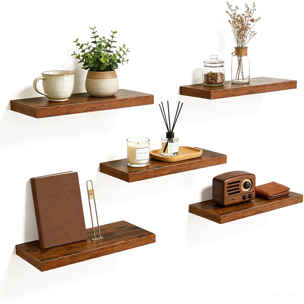 Zwevende wandplanken set van 5 - Houten muurplanken met metalen beugels voor woonkamer, slaapkamer en keuken - 40 x 20 x 3 cm, bruin