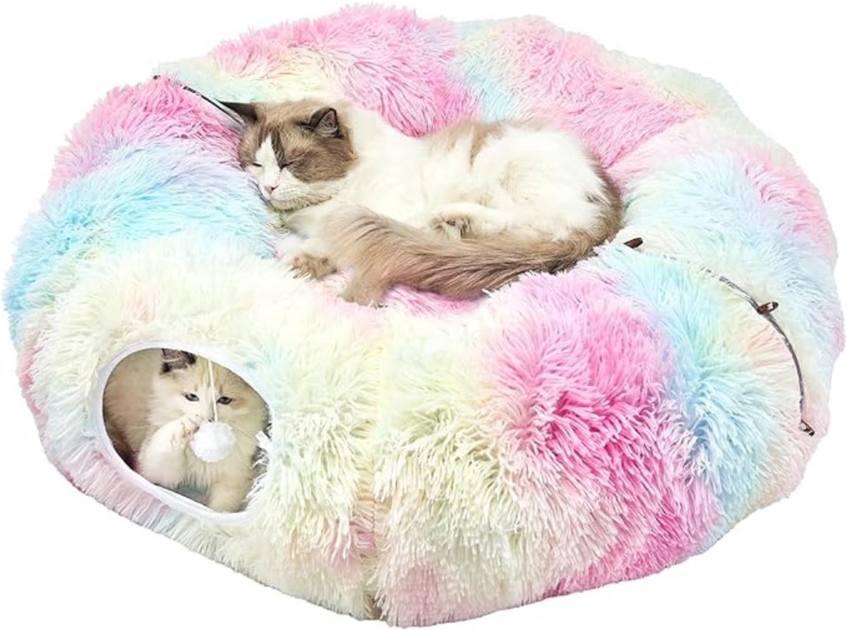 Verte Kattentunnel met Kattenmand - Pluche Kattentunnel - Slaapplaats - Opvouwbaar Kattentunnelbed - XXL - Kattentunnel met Hangende Balletjes - Kattentunnel voor Katten - Konijnen en Fretten - Regenboog